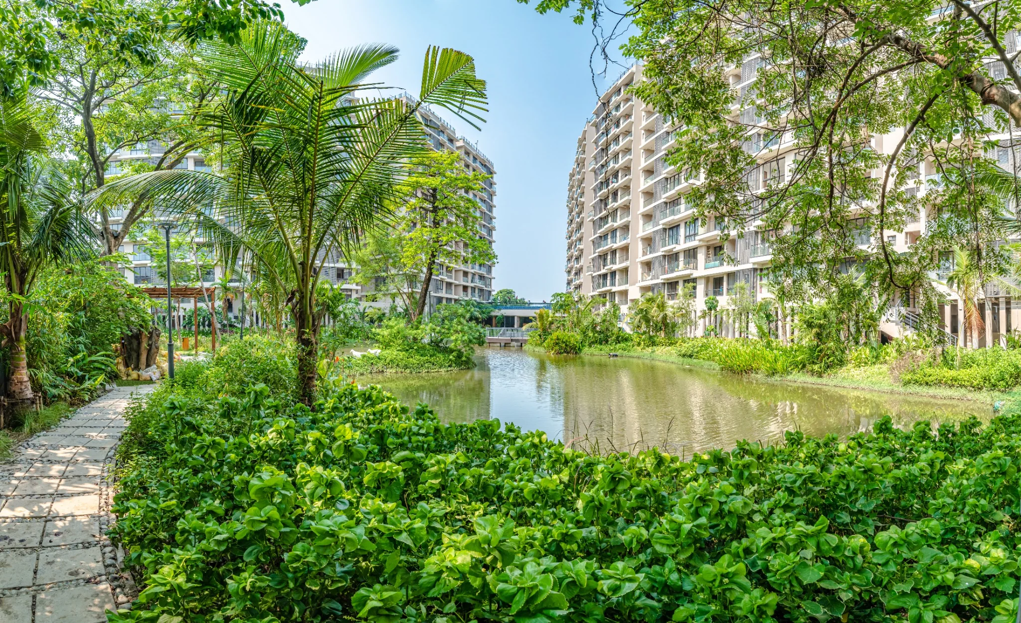 Panoramic view of the lakeside walk and planted gardens at Jiva Homes