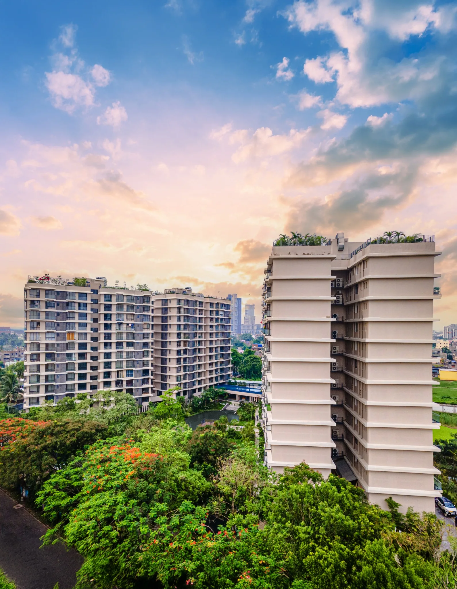 Aerial view of Jiva Homes towers and surrounding Kolkata neighbourhood